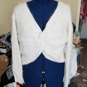 Windsor Fuzzy Knit White Sweater Crop top w/ Pearl